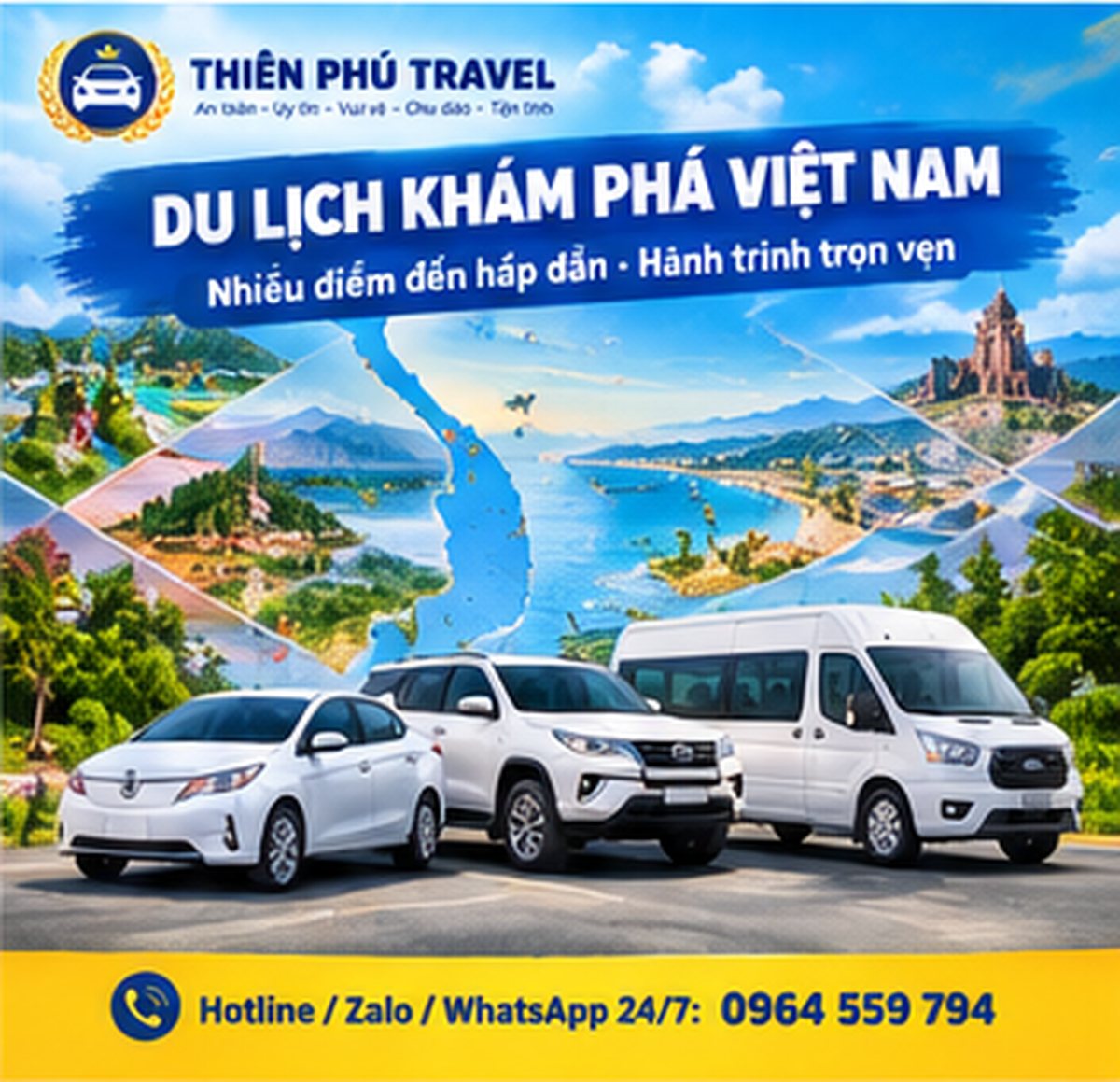 Đội xe 4, 7 và 16 chỗ của Thiên Phú Travel đậu trước biển Nha Trang