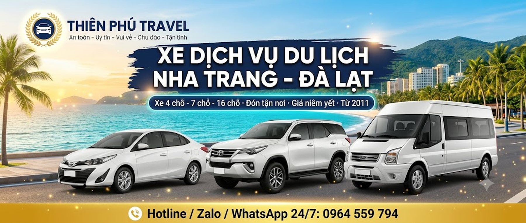 Đội xe Thiên Phú Travel: xe 4 chỗ, 7 chỗ và 16 chỗ trên đường ven biển Nha Trang
